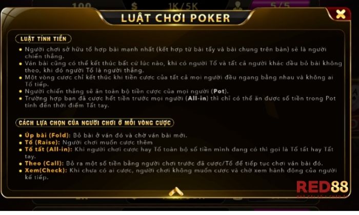 Luật tính tiền trong Poker Red88 