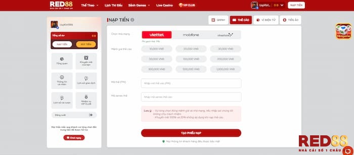 Nạp tiền Red88 bằng thẻ cào