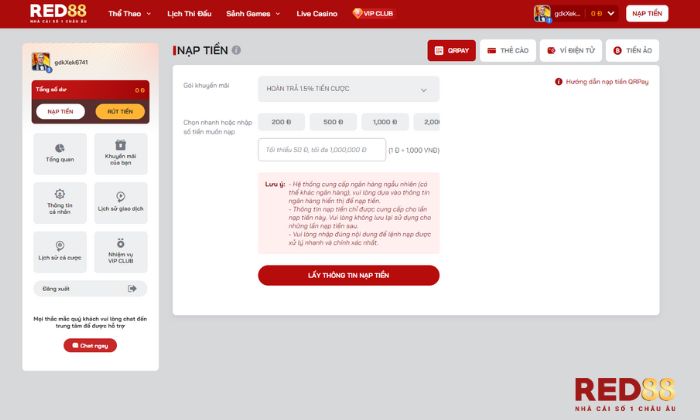 Hướng dẫn nạp tiền tại nổ hũ Red88