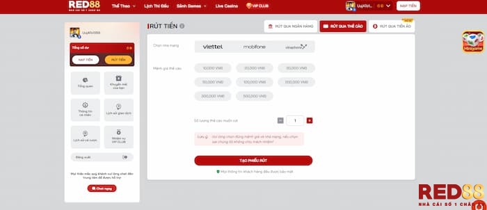 Rút tiền Red88 bằng thẻ cào